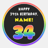 34e verjaardag: kleurrijke regenboog # 34, Naam va Ronde Sticker (Voorkant)