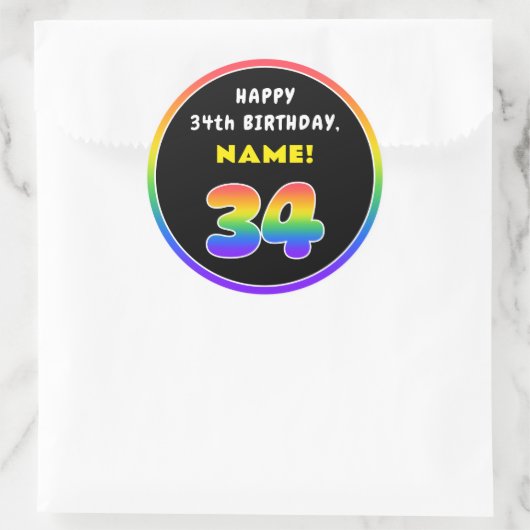 34e verjaardag: kleurrijke regenboog # 34, Naam va Ronde Sticker (Tas)