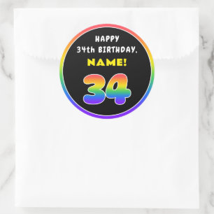 34e verjaardag: kleurrijke regenboog # 34, Naam va Ronde Sticker