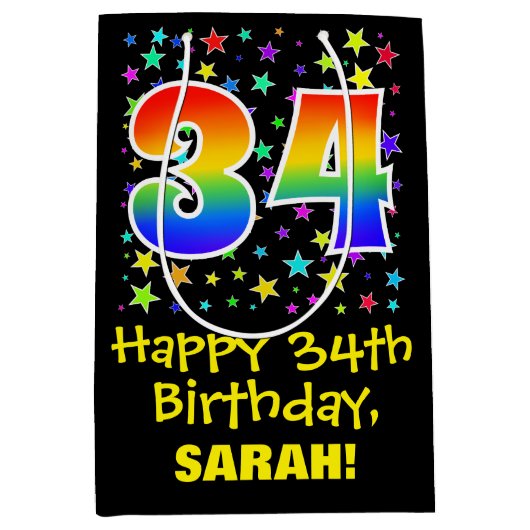 34e verjaardag: Kleurrijke Sterren Patroon & Regen Medium Cadeauzakje (Voorkant)