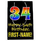 34e verjaardag: Leuk, Vet, Kleurrijk, Regenboog "3 Medium Cadeauzakje (Voorkant)