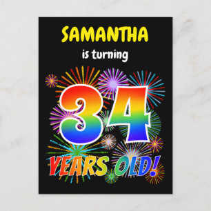 34e verjaardag - Leuk vuurwerk, regenbooglook "34" Briefkaart