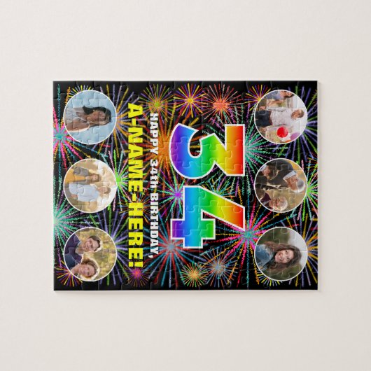 34e verjaardag: Leuke regenboog #, Aangepaste naam Legpuzzel (Horizontaal)