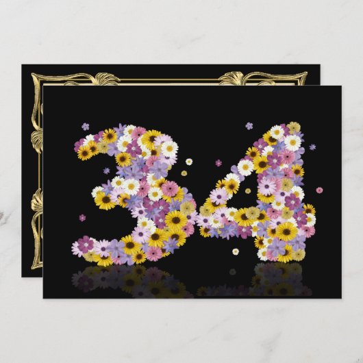 34e verjaardag, met bloemen letters kaart (Voorkant / Achterkant)