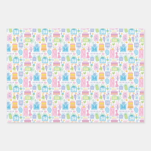 34e verjaardag Pastel Roze Cake Cadeaus Ballons Inpakpapier Vel (Voorkant)