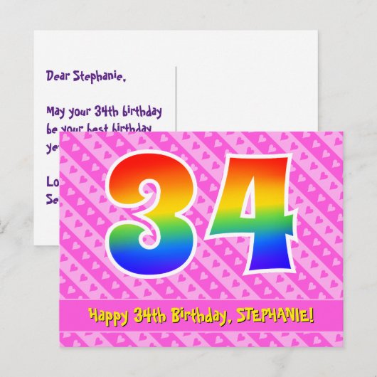 34e verjaardag: Pink Stripes & Hearts, Rainbow 34 Briefkaart (Voorkant / Achterkant)