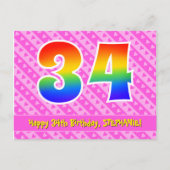 34e verjaardag: Pink Stripes & Hearts, Rainbow 34 Briefkaart (Voorkant)