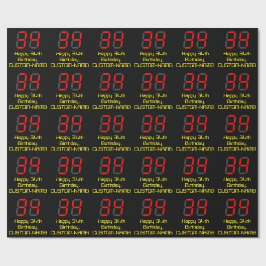 34e verjaardag: Red Digital Clock Style "34" + naa Cadeaupapier (Vlak)