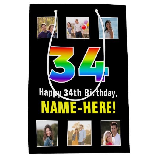 34e verjaardag: Regenboog "34", aangepaste foto's  Medium Cadeauzakje (Voorkant)