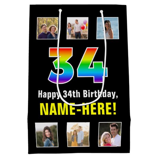 34e verjaardag: Regenboog "34", aangepaste foto's  Medium Cadeauzakje (Achterkant)
