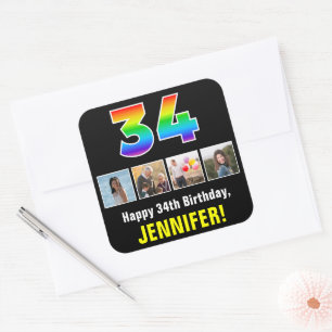 34e verjaardag: Regenboog "34"; Aangepaste foto's  Vierkante Sticker