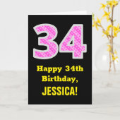 34e verjaardag: roze strepen en harten "34" + naam kaart (Gele Bloem)
