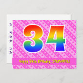 34e verjaardag: Roze strepen & harten, Regenboog 3 Briefkaart (Voorkant / Achterkant)