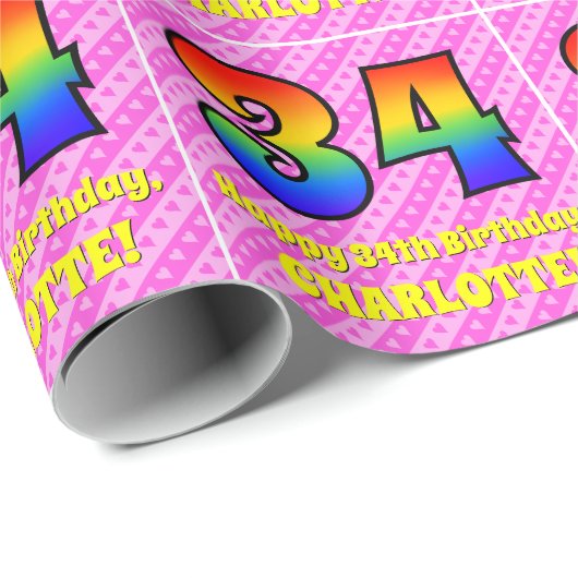 34e verjaardag: roze strips & harten, regenboognr. cadeaupapier (Rol Hoek)