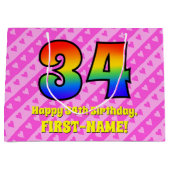 34e verjaardag: roze strips & harten, regenboognr. groot cadeauzakje (Voorkant)