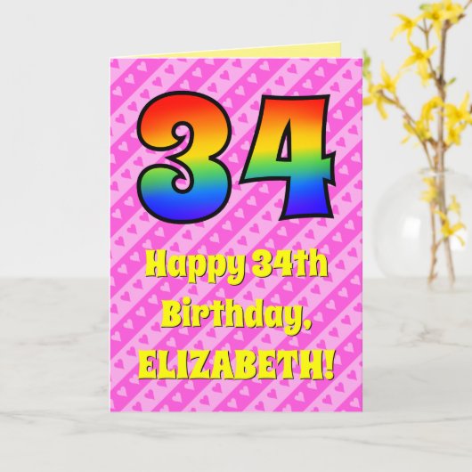 34e verjaardag: roze strips & harten, regenboognr. kaart (Gele Bloem)