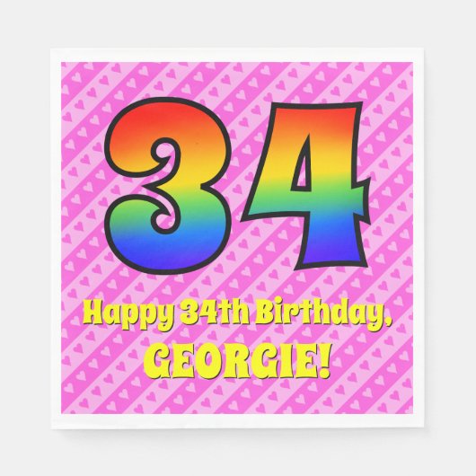 34e verjaardag: roze strips & harten, regenboognr. servet (Voorkant)