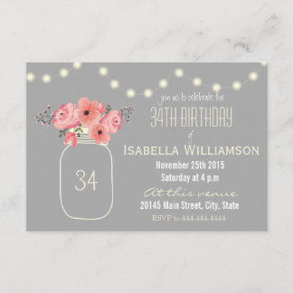 34e verjaardag Roze Waterverf Bloemen & Mason Jar Kaart
