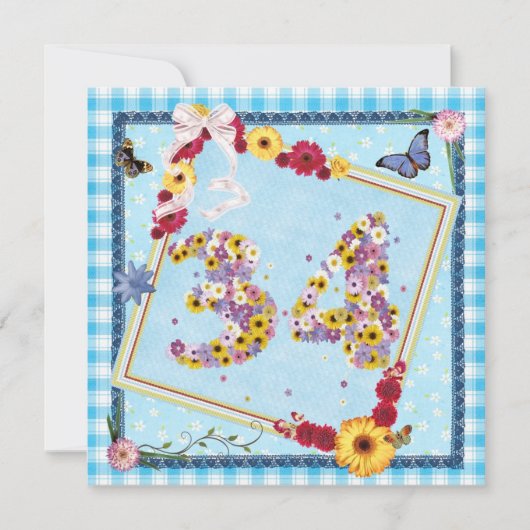 34e Verjaardag Uitnodiging bloemen, vlinders (Voorkant)