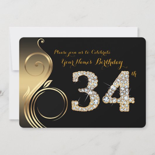 34e verjaardag uitnodiging, nummer diamant, foto kaart (Voorkant)