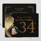 34e, Verjaardag Uitnodiging, Nummer Glitter Goud,  Kaart (Voorkant / Achterkant)