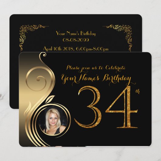 34e, Verjaardag Uitnodiging, Nummer Glitter Goud,  Kaart (Voorkant / Achterkant)