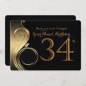 34e, Verjaardag Uitnodiging, Nummer Glitter Goud,  Kaart (Voorkant / Achterkant)