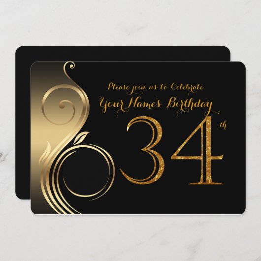 34e, Verjaardag Uitnodiging, Nummer Glitter Goud,  Kaart (Voorkant / Achterkant)