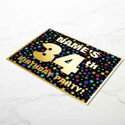 34e verjaardag van de Vreugde - Fun, kleurrijk ste Folie Uitnodiging (Gedraaid)