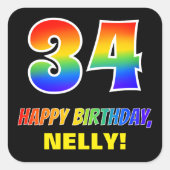 34e verjaardag: Vet, Vun, Eenvoudig, Regenboog 34 Vierkante Sticker (Voorkant)
