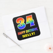 34e verjaardag: Vet, Vun, Eenvoudig, Regenboog 34 Vierkante Sticker (Envelop)