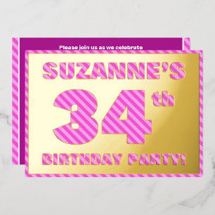 34e verjaardag — Vet, vun, roze band # 34 Folie Uitnodiging