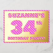 34e verjaardag — Vet, vun, roze band # 34 Folie Uitnodiging (Voorkant)