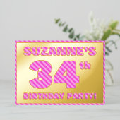 34e verjaardag — Vet, vun, roze band # 34 Folie Uitnodiging (Staand Voorkant)