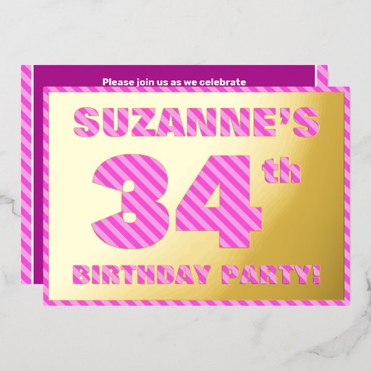 34e verjaardag — Vet, vun, roze band # 34 Folie Uitnodiging (Voorkant / Achterkant)