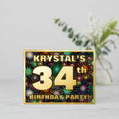 34e verjaardag: Vette, kleurrijke Fireworks-look Folie Uitnodiging Briefkaart (Staand Voorkant)