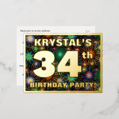 34e verjaardag: Vette, kleurrijke Fireworks-look Folie Uitnodiging Briefkaart (Voorkant / Achterkant)