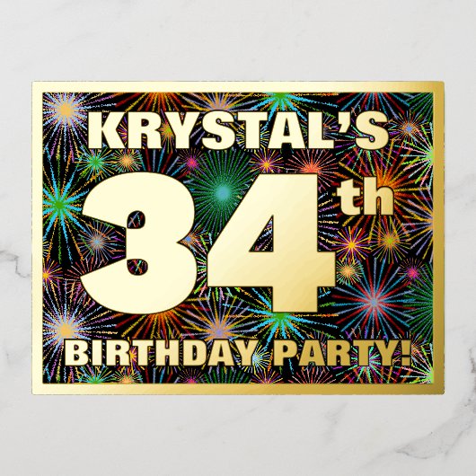 34e verjaardag: Vette, kleurrijke Fireworks-look Folie Uitnodiging Briefkaart (Voorkant)