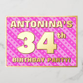 34e verjaardag — vuurroze harten en strips folie uitnodiging (Voorkant)