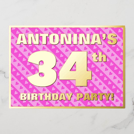 34e verjaardag — vuurroze harten en strips folie uitnodiging (Voorkant)