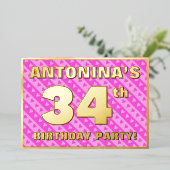 34e verjaardag — vuurroze harten en strips folie uitnodiging (Staand Voorkant)