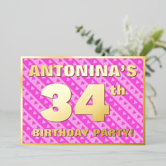 34e verjaardag — vuurroze harten en strips folie uitnodiging (Staand Voorkant)