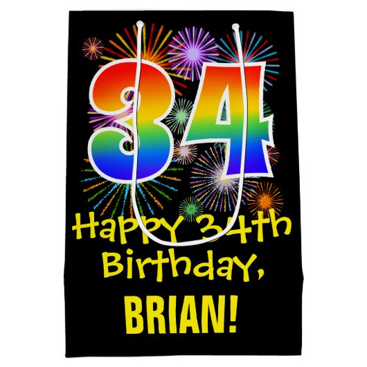 34e verjaardag: Vuurwapenpatroon en regenboog 34 Medium Cadeauzakje (Achterkant)