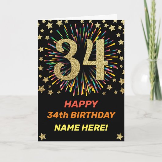 34e Verjaardag Vuurwerk Regenboog Goud Fun Kaart (Voorkant)