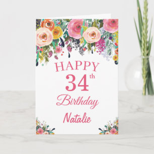 34e Verjaardag Waterverf Bloemen Roze Kaart