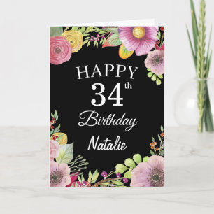 34e verjaardag Waterverf Floral Flowers Zwarte kaa Kaart
