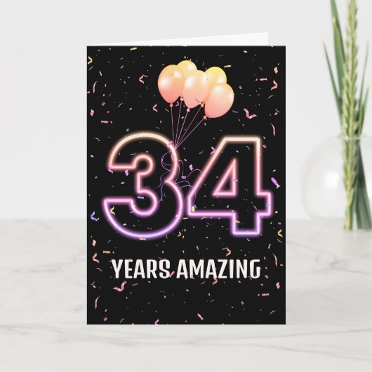 34e verjaardagsballonnen en confetti kaart (Voorkant)