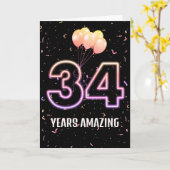 34e verjaardagsballonnen en confetti kaart (Gele Bloem)