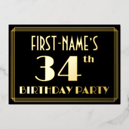 34e verjaardagsfeest: Art Deco-look “34”, met naam Folie Uitnodiging