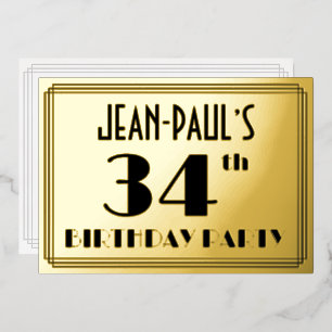 34e verjaardagsfeestje — Art Deco-look “34” + naam Folie Uitnodiging